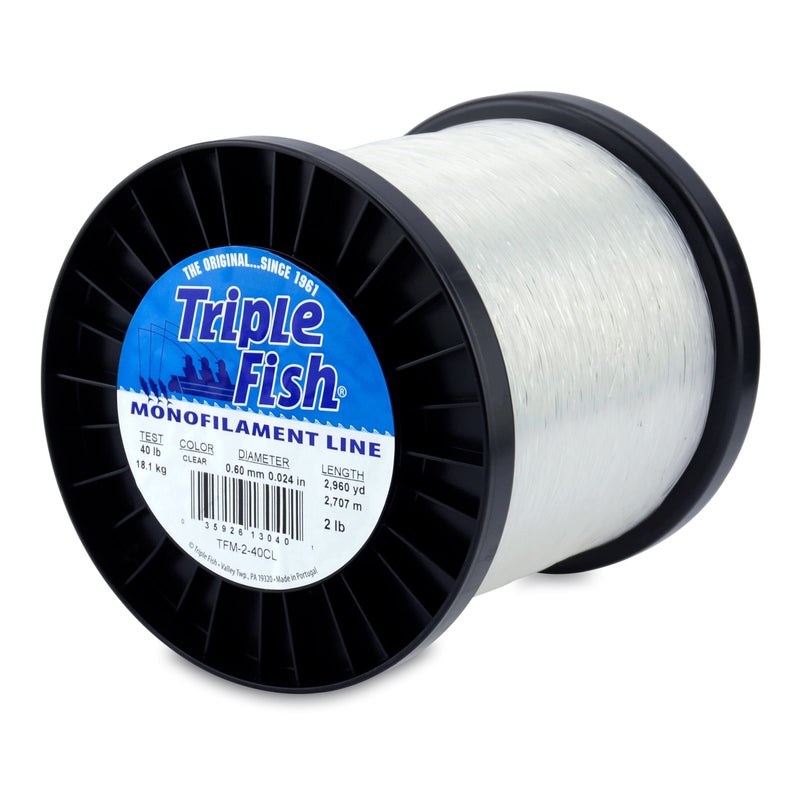 Triple Fish Monofilament Line, 40 lb / 18.1 kg Test, 024 in / 0.60 mm Dia, Clear, 2 lb / 0.91 kg Spool, 2960 yd / 2707 m